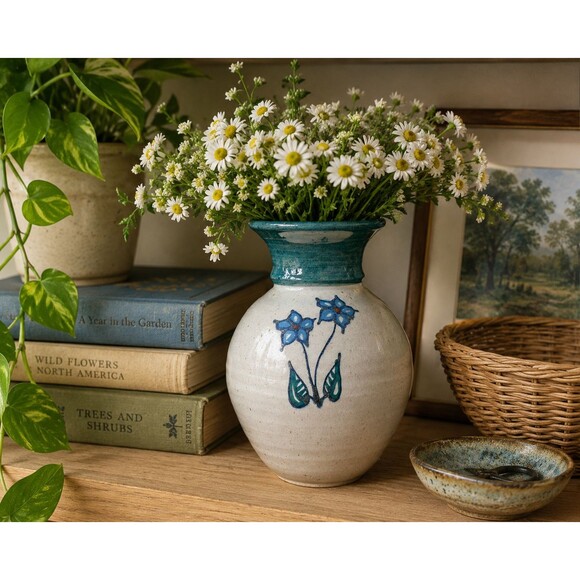 Handmade Other - Hand Thrown Studio Pottery Vase Gray & Teal Blue Floral Stoneware Signed 6.75"